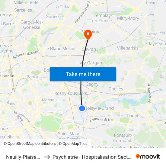 Neuilly-Plaisance to Psychiatrie - Hospitalisation Secteur C map