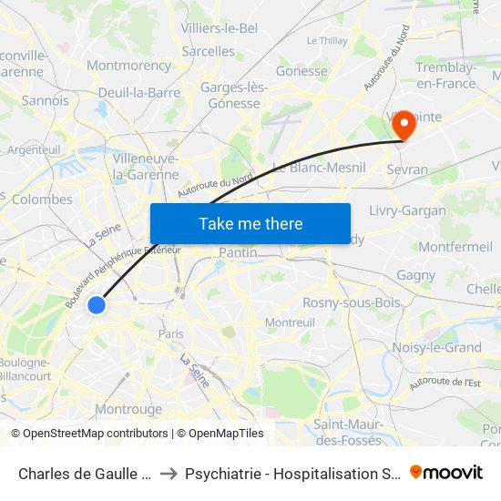 Charles de Gaulle Etoile to Psychiatrie - Hospitalisation Secteur C map