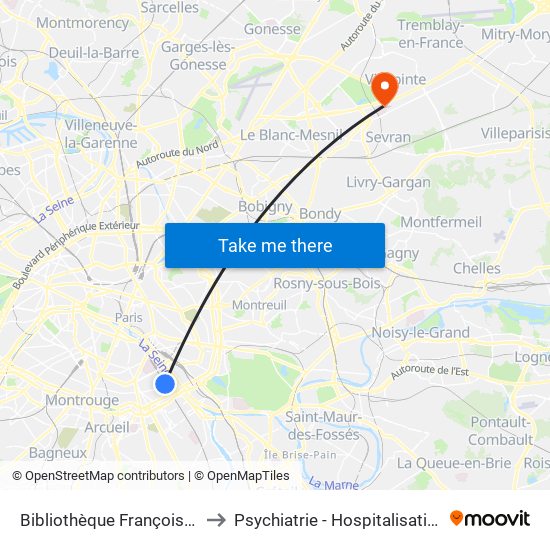 Bibliothèque François Mitterrand to Psychiatrie - Hospitalisation Secteur C map