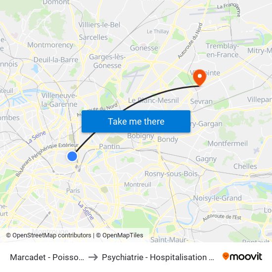 Marcadet - Poissonniers to Psychiatrie - Hospitalisation Secteur C map