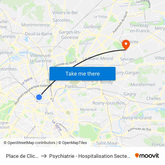 Place de Clichy to Psychiatrie - Hospitalisation Secteur C map
