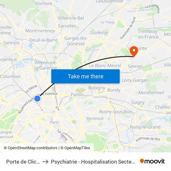 Porte de Clichy to Psychiatrie - Hospitalisation Secteur C map