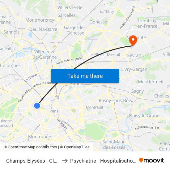 Champs-Élysées - Clemenceau to Psychiatrie - Hospitalisation Secteur C map