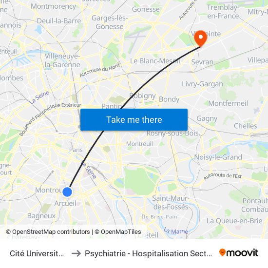 Cité Universitaire to Psychiatrie - Hospitalisation Secteur C map