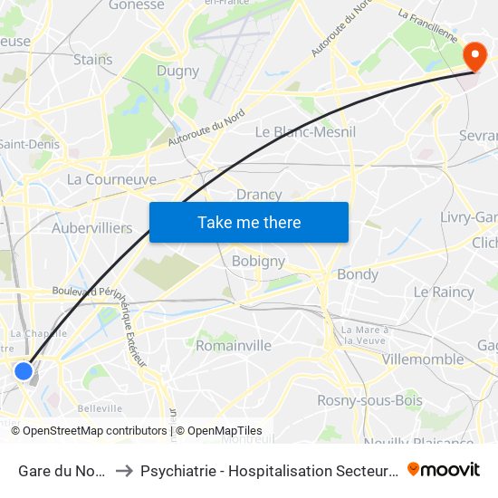 Gare du Nord to Psychiatrie - Hospitalisation Secteur C map
