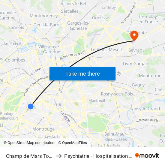 Champ de Mars Tour Eiffel to Psychiatrie - Hospitalisation Secteur C map