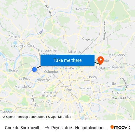 Gare de Sartrouville - RER to Psychiatrie - Hospitalisation Secteur C map