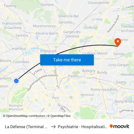 La Défense (Terminal Jules Verne) to Psychiatrie - Hospitalisation Secteur C map