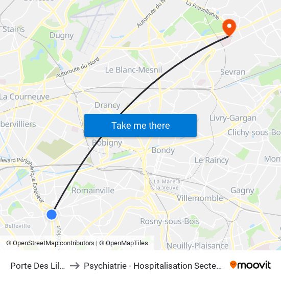 Porte Des Lilas to Psychiatrie - Hospitalisation Secteur C map