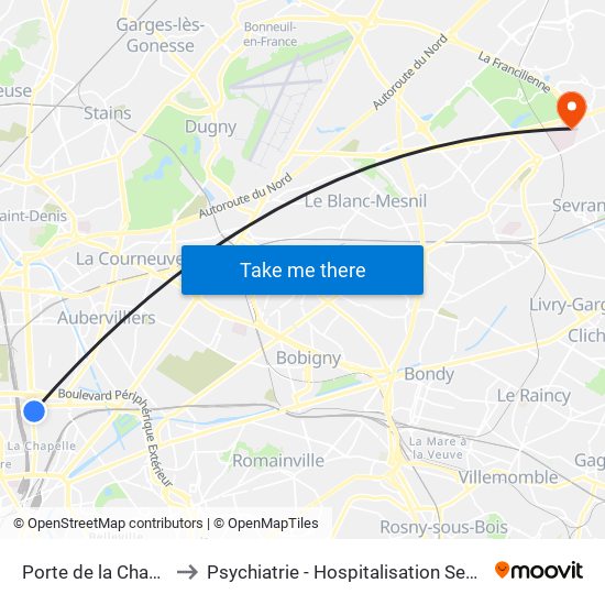 Porte de la Chapelle to Psychiatrie - Hospitalisation Secteur C map