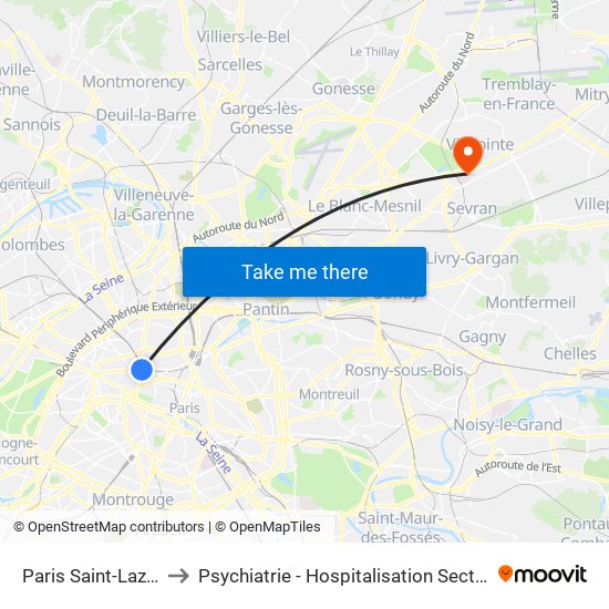 Paris Saint-Lazare to Psychiatrie - Hospitalisation Secteur C map