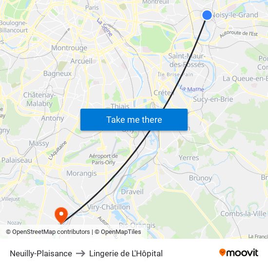 Neuilly-Plaisance to Lingerie de L'Hôpital map