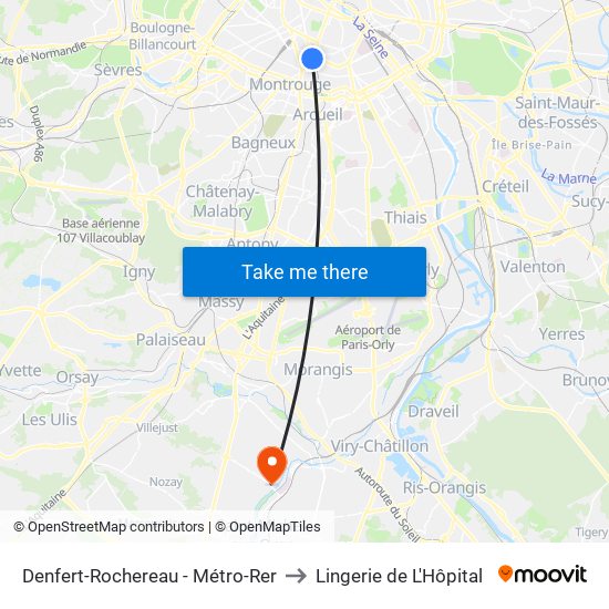 Denfert-Rochereau - Métro-Rer to Lingerie de L'Hôpital map