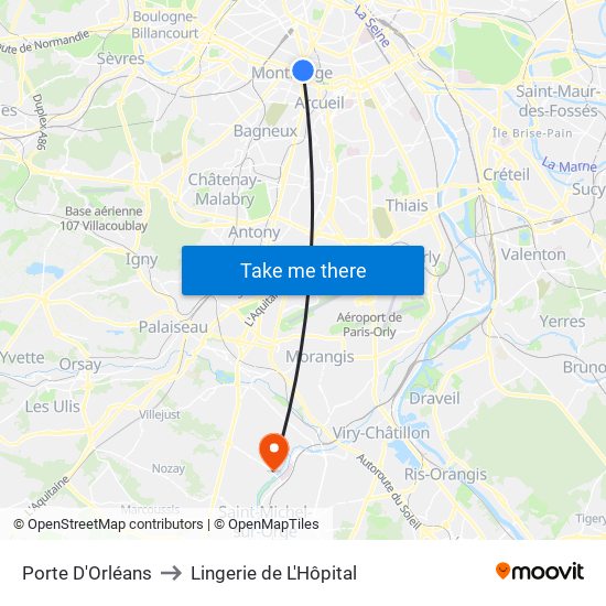 Porte D'Orléans to Lingerie de L'Hôpital map