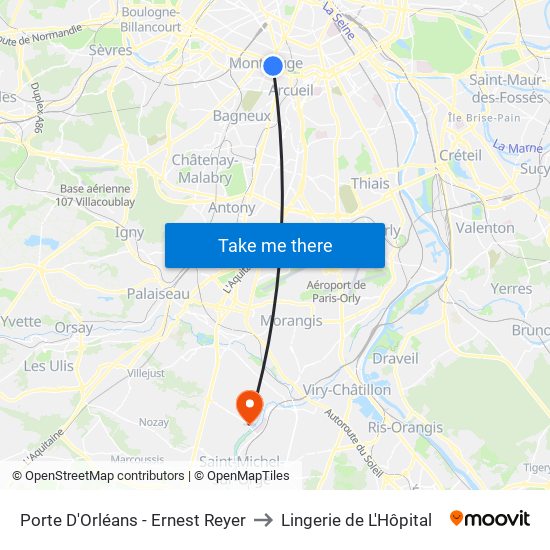 Porte D'Orléans - Ernest Reyer to Lingerie de L'Hôpital map