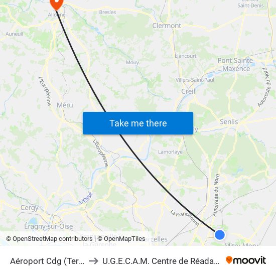 Aéroport Cdg (Terminal 3 – Roissypôle) to U.G.E.C.A.M. Centre de Réadaptation Fonctionnelle Saint-Lazare map