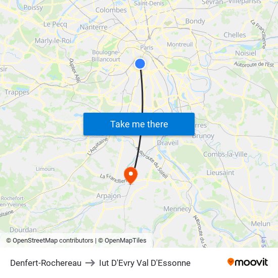 Denfert-Rochereau to Iut D'Evry Val D'Essonne map