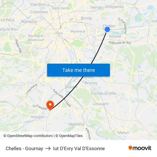 Chelles - Gournay to Iut D'Evry Val D'Essonne map
