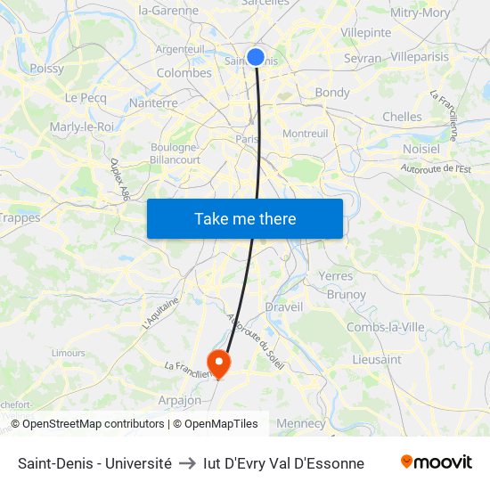 Saint-Denis - Université to Iut D'Evry Val D'Essonne map