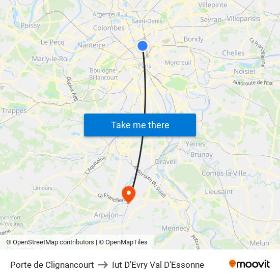 Porte de Clignancourt to Iut D'Evry Val D'Essonne map