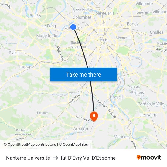 Nanterre Université to Iut D'Evry Val D'Essonne map