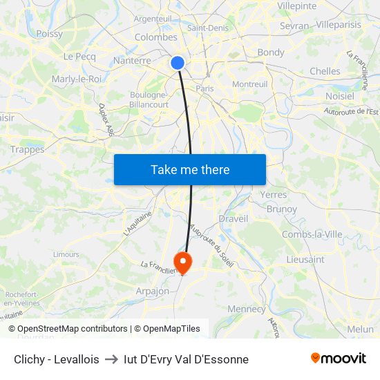 Clichy - Levallois to Iut D'Evry Val D'Essonne map