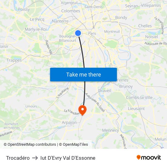 Trocadéro to Iut D'Evry Val D'Essonne map