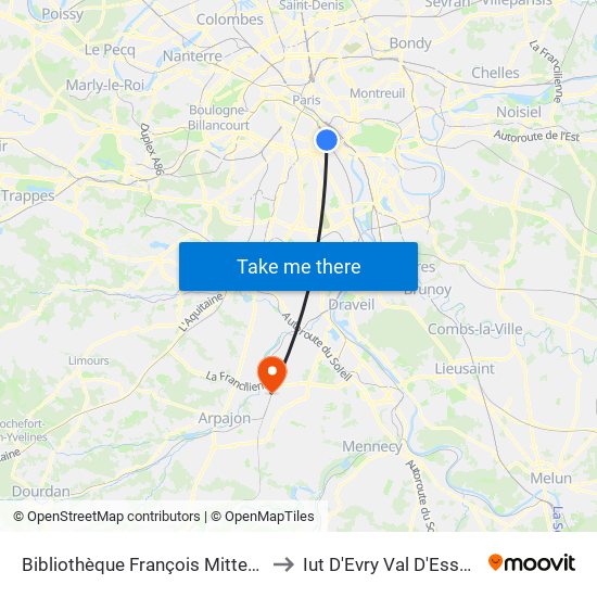 Bibliothèque François Mitterrand to Iut D'Evry Val D'Essonne map