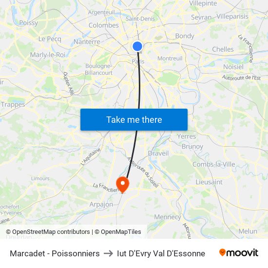Marcadet - Poissonniers to Iut D'Evry Val D'Essonne map