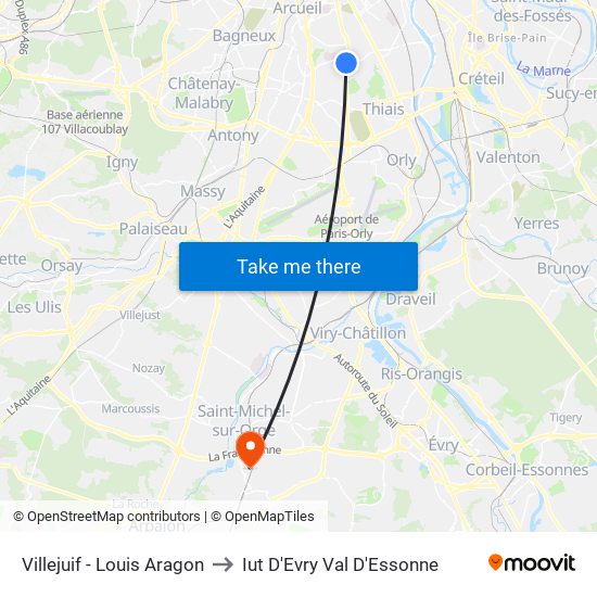 Villejuif - Louis Aragon to Iut D'Evry Val D'Essonne map