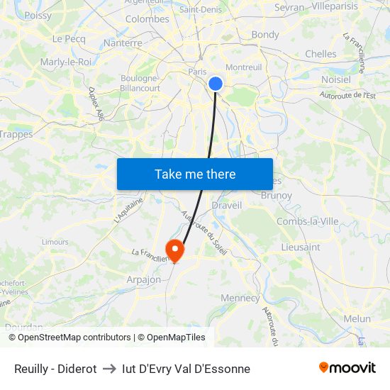 Reuilly - Diderot to Iut D'Evry Val D'Essonne map