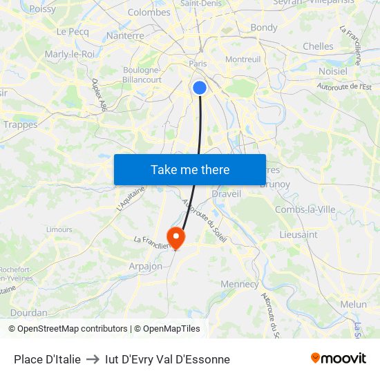 Place D'Italie to Iut D'Evry Val D'Essonne map