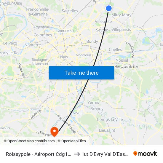 Roissypole - Aéroport Cdg1 (D3) to Iut D'Evry Val D'Essonne map