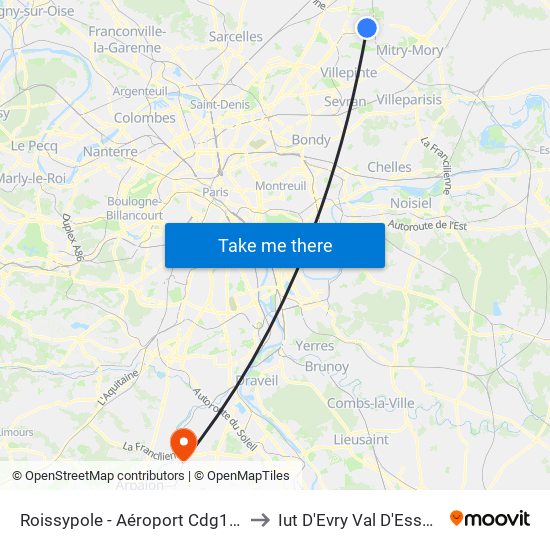 Roissypole - Aéroport Cdg1 (E2) to Iut D'Evry Val D'Essonne map