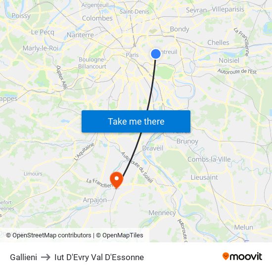 Gallieni to Iut D'Evry Val D'Essonne map