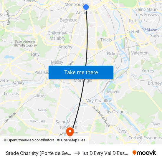 Stade Charléty (Porte de Gentilly) to Iut D'Evry Val D'Essonne map