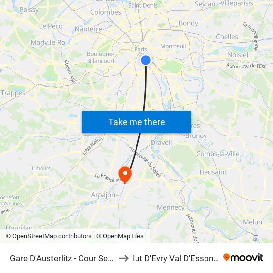 Gare D'Austerlitz - Cour Seine to Iut D'Evry Val D'Essonne map