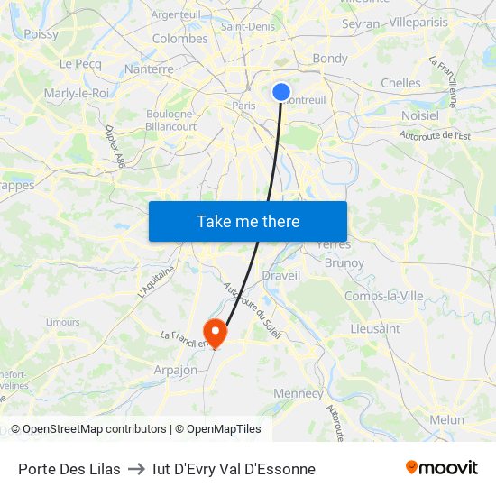Porte Des Lilas to Iut D'Evry Val D'Essonne map