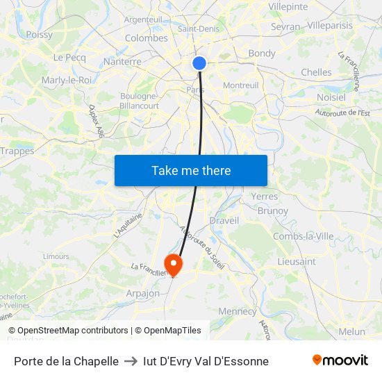 Porte de la Chapelle to Iut D'Evry Val D'Essonne map