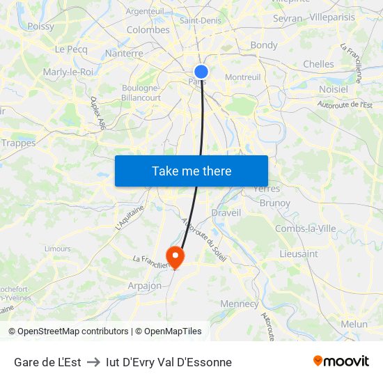 Gare de L'Est to Iut D'Evry Val D'Essonne map