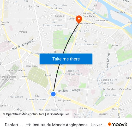 Denfert-Rochereau to Institut du Monde Anglophone - Université Sorbonne Nouvelle (Paris 3) map