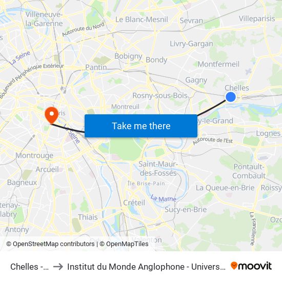 Chelles - Gournay to Institut du Monde Anglophone - Université Sorbonne Nouvelle (Paris 3) map