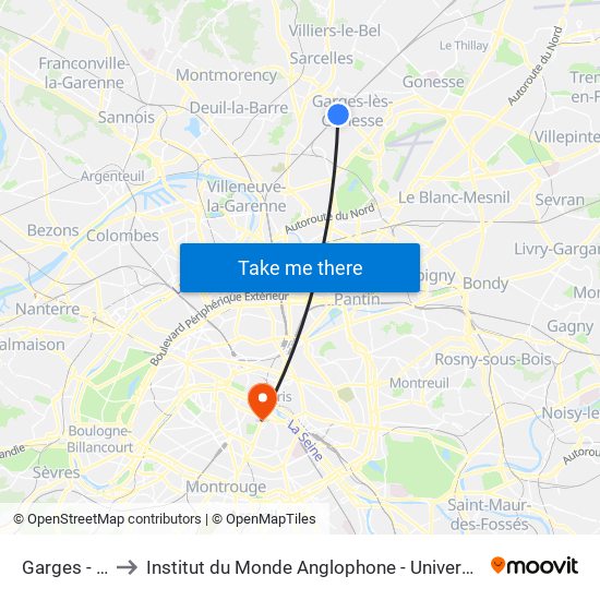 Garges - Sarcelles to Institut du Monde Anglophone - Université Sorbonne Nouvelle (Paris 3) map