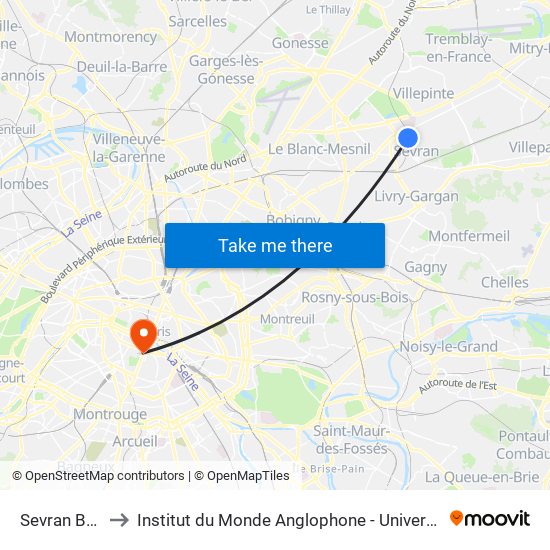 Sevran Beaudottes to Institut du Monde Anglophone - Université Sorbonne Nouvelle (Paris 3) map