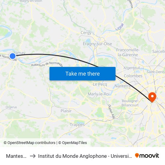 Mantes-La-Jolie to Institut du Monde Anglophone - Université Sorbonne Nouvelle (Paris 3) map