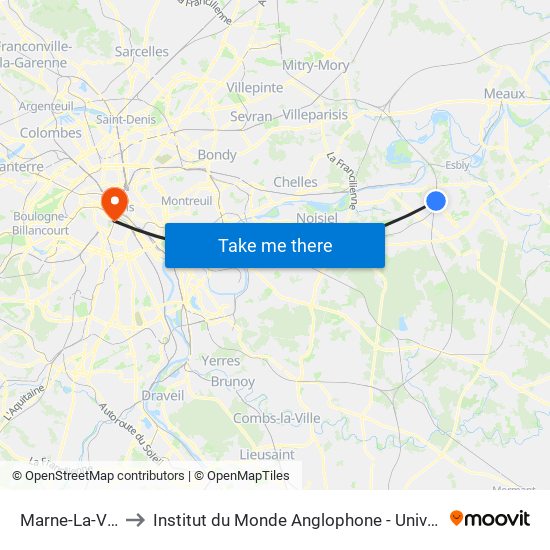 Marne-La-Vallée Chessy to Institut du Monde Anglophone - Université Sorbonne Nouvelle (Paris 3) map