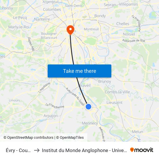 Évry - Courcouronnes to Institut du Monde Anglophone - Université Sorbonne Nouvelle (Paris 3) map