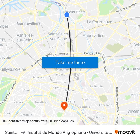 Saint-Denis to Institut du Monde Anglophone - Université Sorbonne Nouvelle (Paris 3) map