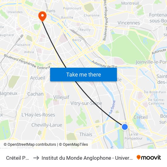 Créteil Pompadour to Institut du Monde Anglophone - Université Sorbonne Nouvelle (Paris 3) map