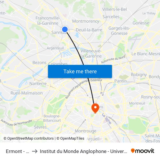 Ermont - Eaubonne to Institut du Monde Anglophone - Université Sorbonne Nouvelle (Paris 3) map